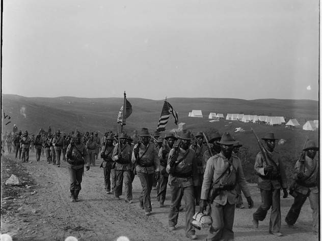 The U.S. Army's 24th Infantry Regiment, an African-American regiment, arriving at Camp Wiloff in Montauk, New York, 1898