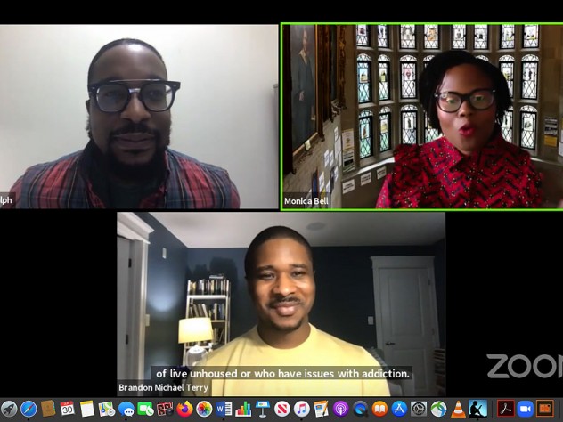 Screenshot of Zoom conversation with Laurence Ralph, Monica Bell, and Brandon Terry