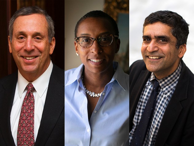 From left: Lawrence S. Bacow, Claudine Gay, and Rakesh Khurana