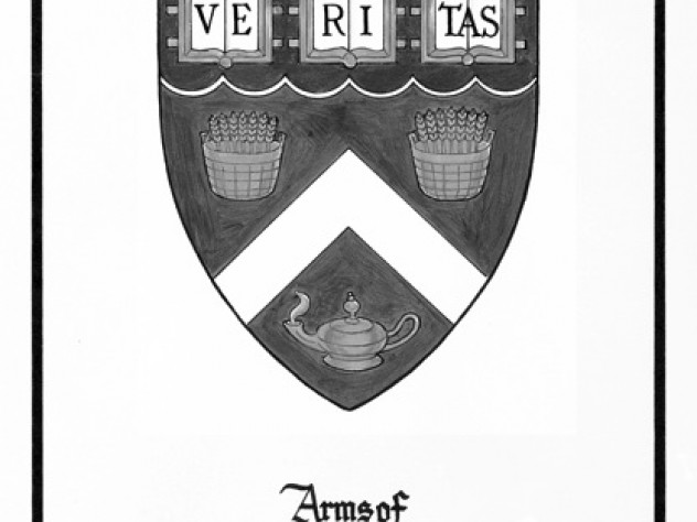 Courtesy of Michael Shinagel The coat of arms of University Extension, with baskets of wheat recalling the terms of John Lowell Jr.’s will, were designed by Mason Hammond, Pope professor of the Latin language and literature emeritus, and Dean Shinagel, and executed by Extension faculty member D’A. Jonathan D. Boulton in 1982.