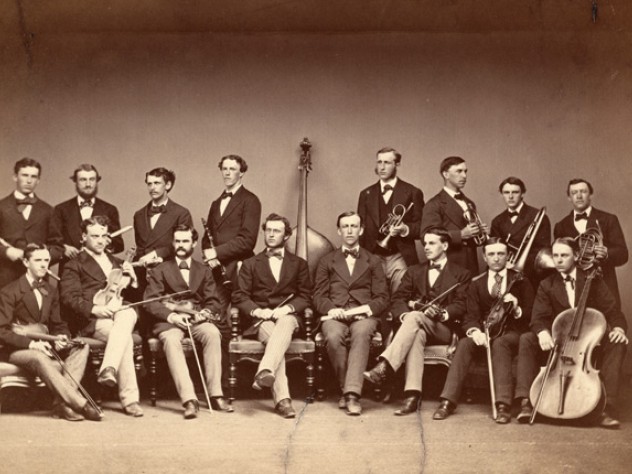 Courtesy of Harvard University Archives In 1871, the Pierian Sodality, 16 strong, posed with their instruments.