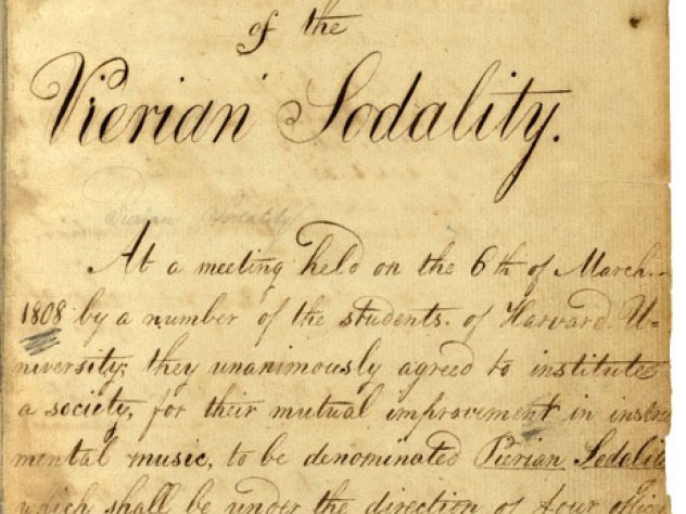 Courtesy of Harvard University Archives The founding document of the Pierian Sodality, dated March 6, 1808. Founders included four officers and two members.