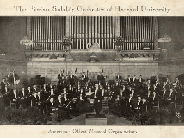 Courtesy of Harvard University Archives This photograph, from a scrapbook collecting items from 1929 to 1950, depicts the "Pierian Sodality Orchestra" at Boston's Symphony Hall.