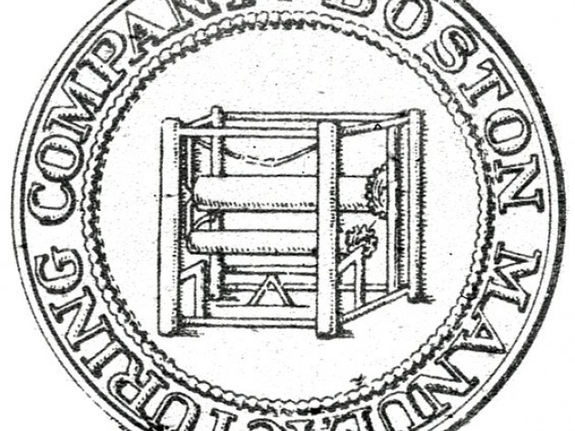 The seal of the Boston Manufacturing Company (circa 1814) emphasizes the company’s power loom.