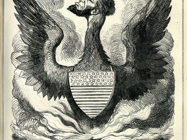 A December 1864 John Tenniel illustration for <em>Punch,</em> depicting the miraculously reelected Lincoln as “The  Federal Phoenix,” while his country, the Constitution, and habeas corpus go up in flames