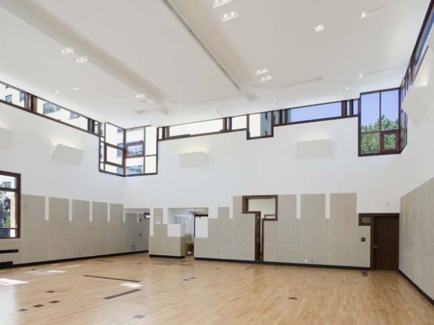 An interior view of the community center, showing its unusual window placement