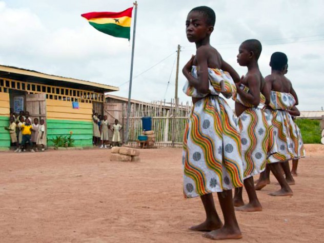Students of Desmercy School perform a traditional Ghanaian dance.