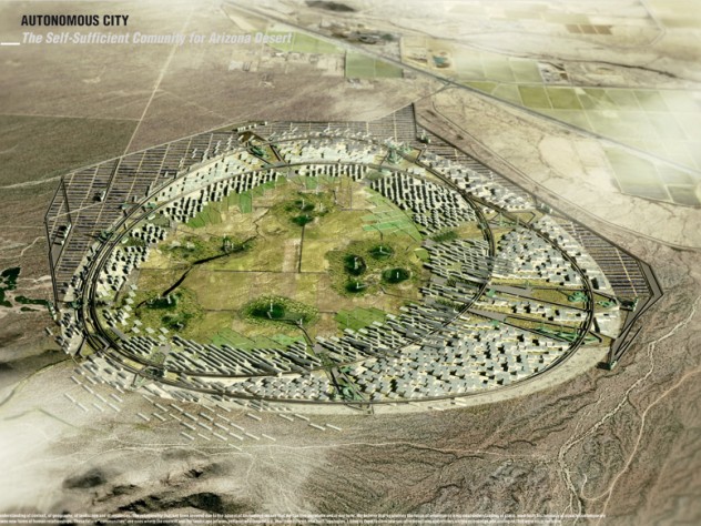 Photo courtesy of Daniel Ibañez,Fadi Masoud, Drew Adams Daniel Ibañez, M.Des.S. ’12 and his team "Autonomous City" won first place in The Arizona Challenge, a regional design competition that seeks to inspire teams of students to envision self-sustaining habitats in the Arizona desert. Above is a model designed by the team of a future "community" in Arizona where the landscape informs patterns of urbanization.
