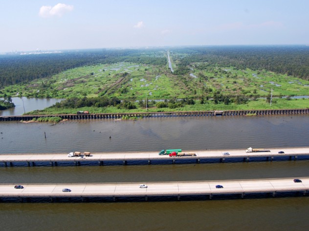 Photo courtesy of Travis Bost. An aerial image of the Bonnet Carré Spillway, a large flood-control structure outside New Orleans that was the subject of a thesis by Travis Bost, M.Des.S. ’12