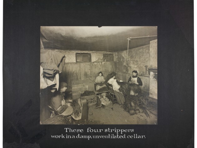 Lewis Wickes Hine, <i>Industrial Problems, Conditions: United States. Pennsylvania. Pittsburgh. Pittsburgh Survey: These Four Strippers Work in a Damp, Unventilated Cellar,</i> 1907–8. Gelatin silver print mounted to board, white gouache.