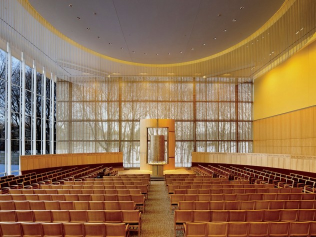 Photograph ©Bruce Martin The interior of Temple Beth Elohim in Wellesley, Massachusetts, looking onto a wooded landscape