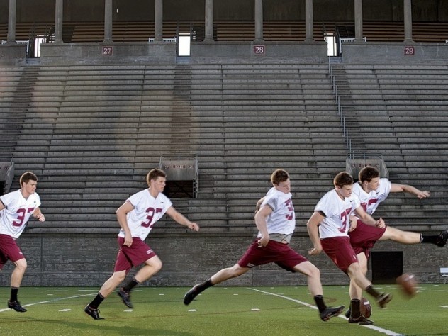Photograph by Jim Harrison In Harvard Stadium, David Mothander practices a kickoff, using the ubiquitous “soccer-style” kicking technique. Scroll down for a <a href="#placekick">video.</a></p>