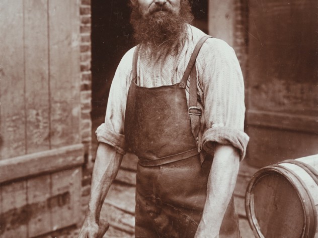 Photograph courtesy of the Harvard Art Museums Waldemar Frans Herman Titzenthaler, <i>Industrial Problems, Types of Working People: Germany. Blacksmith; Cooper; Boiler-Maker; Stone-Dresser; Toy-Maker; Washwomen; Marketwomen: Types of German Workmen: Copper, </i> 1900. Glossy collodion silver print