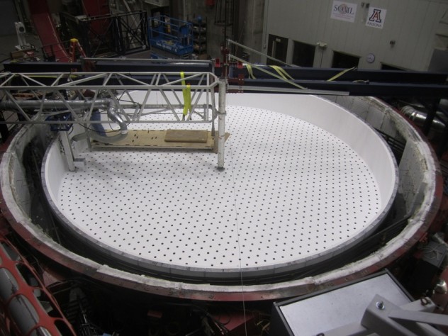 Photo by Ray Bertram, University of Arizona Rotary kiln at Steward Observatory Mirror Lab, University of Arizona, Tucson, being readied for firing to cast the third Giant Magellan Telescope mirror blank