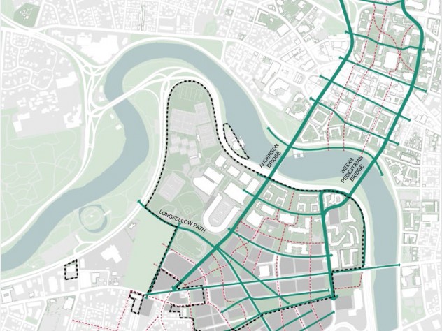 Courtesy of Boston Redevelopment Authority Harvard's long-term vision of pedestrian circulation in Cambridge and Allston envisions a series of blocks arranged like the rungs of a ladder.