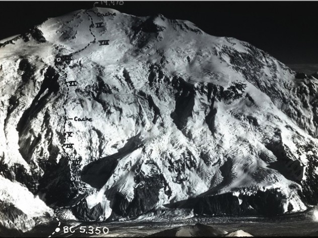 Photo courtesy of John Graham Aerial photographs taken by cartographer Bradford Washburn ’33 showed a shallow ridge that snaked vertically up the face of the Wickersham Wall. Marked on the photograph is the route taken by the Harvard team and the location of their camps.
