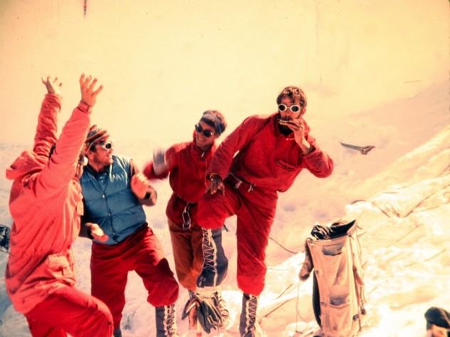Photo courtesy of John Graham David Roberts, Peter Carman, Hank Abrons, and Rick Millikan at Camp Six on July 7, at an altitude of 12,600 feet