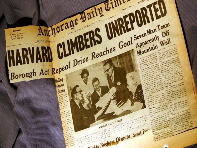 Photo courtesy of John Graham When a bush plane reported that the team’s tracks disappeared into avalanche debris at 17,400 feet near Camp Nine, newspaper headlines declared the climbers “missing.”