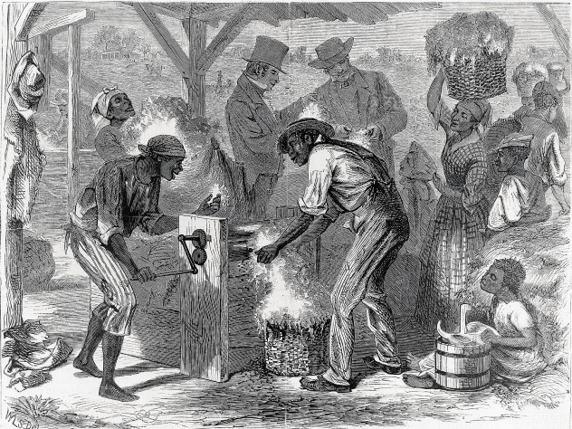 <i>The First Cotton-gin, </i>by William L. Sheppard, published in<i> Harper&rsquo;s,</i> December 18, 1869, shows slaves at work&mdash;and masters who profited from their labor. 