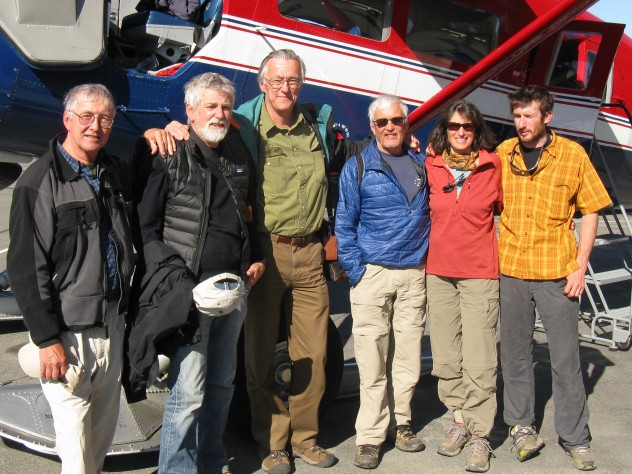 Photo courtesy of John Graham At a June 2013 reunion in Talkeetna, Alaska, four of the climbers gathered to commemorate the 50-year anniversary of their historic climb. From left: David Roberts, Richard Millikan, John Graham, and Peter Carman of the original 1963 team, along with Carman’s wife, Suellen, and son, Tobey.