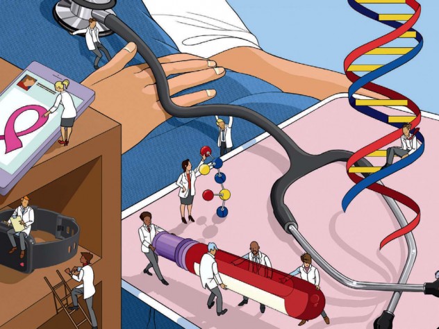 An illustration depicts the torso of a patient as teams of tiny, Lilliputian physicians run tests and examinations.