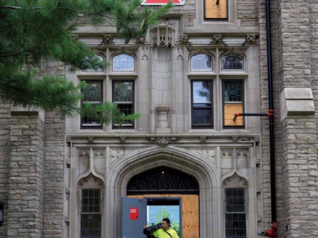 Photograph of construction signage at Harvard Divinity School’s Andover Hall