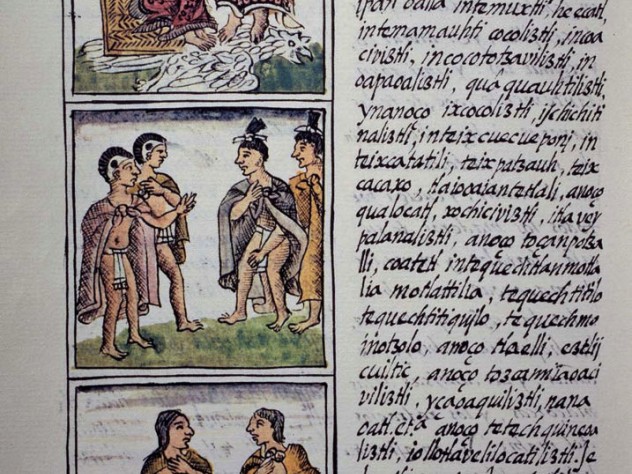 Page showing Aztec gentry from book four of the sixteenth-century Florentine Codex, a history of the Aztec people in the Nahuatl language that was compiled by the Spanish Franciscan Bernardino de Sahagún with extensive help from Aztec informants and artisans