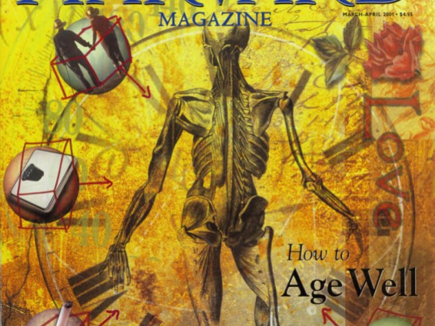 The cover from the March-April 2001 issue of Harvard Magazine with an illustration depicting an anatomical drawing of a human surrounded by the different contributions to aging well, or not.