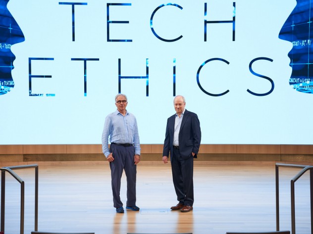Professors Douglas Melton and Michael Sandel prepare to launch their new Gen Ed course, open to students from across the University, at Klarman Hall.