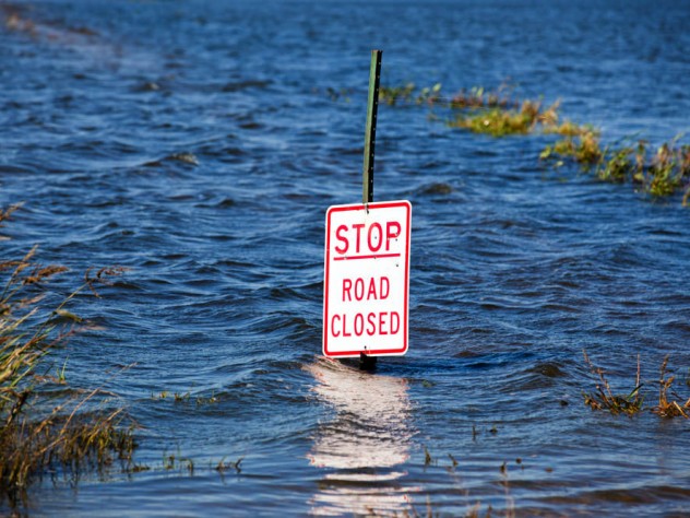 A traffic sign with the words "Stop Road Closed" submerged in several feet of water