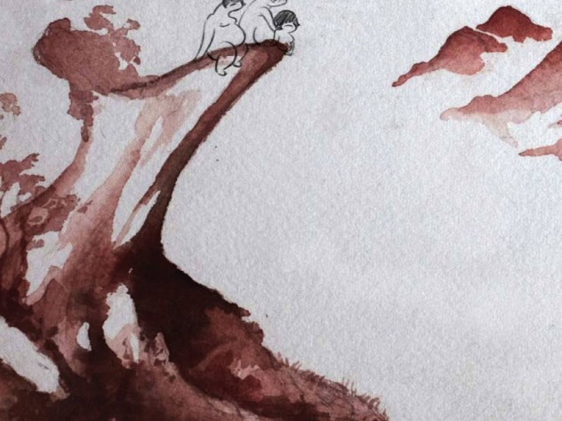 Another image from “Reneepoptosis”: three slightly human figures, drawn in ink, on the edge of a cliff, part of a background done in watercolor