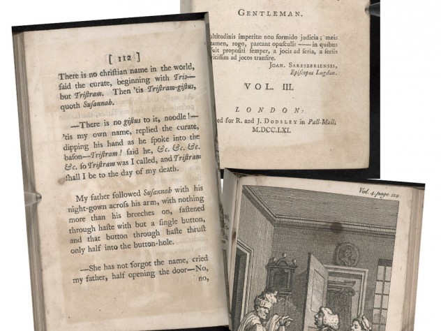 Pages from the first editions of various volumes of Laurence Sterne’s novel The Life and Opinions of Tristram Shandy, Gentleman, dating from 1759 to 176