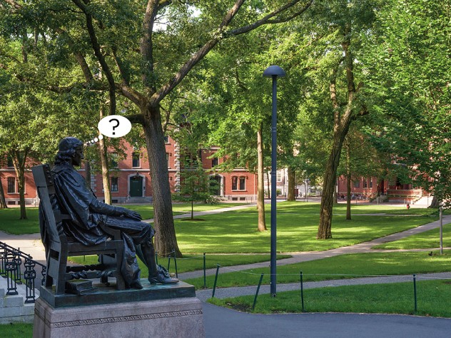 Photograph of John Harvard statue, Harvard Yard, with cartoon balloon question mark, about uncertainties surrounding the fall semester