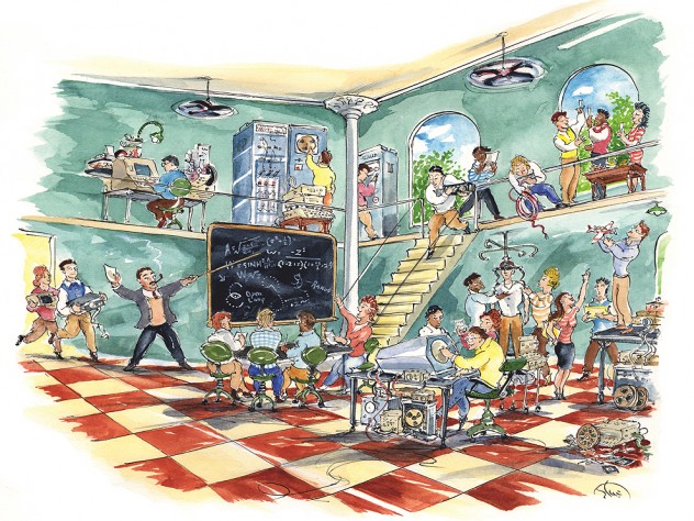 Illustration imagining the evolution of computer science at Harvard in a playful way