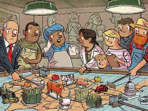 A cartoon illustration showing a situation room with businessmen, farmers, and other food system constituents moving the parts of the food system around on a game board.