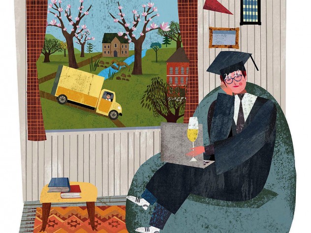 Colorful composite drawing of the author, dressed in cap and gown, at home in Cambridge, with scenes of blossoming trees and a yellow moving truck visible through the window. 