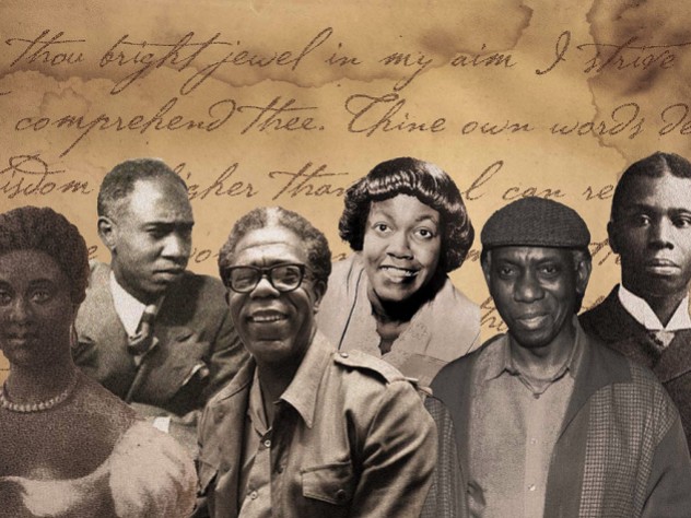 Composite illustration of African American poets Phillis Wheatley, Melvin B. Tolson, Dudley Randall, Gwendolyn Brooks, Yusef Komunyakaa, Paul Laurence Dunbar