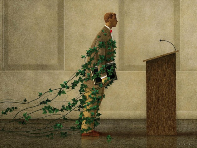 An illustration showing a professor held back by ivy vines, representing traditional and reluctance to change