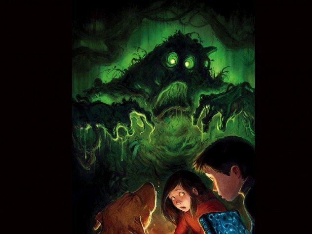 Illustration of a ghostly green monster and two children looking scared