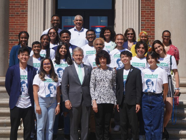 Photograph of the 2022 Frederick Douglass Fellows together with Nettie Washington Douglass and James Pellow.