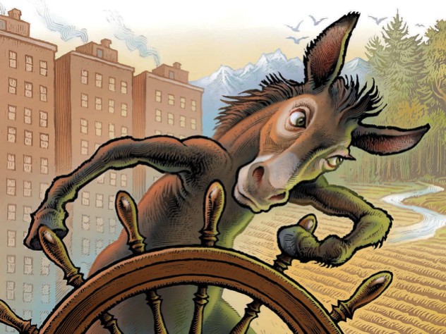 Illustration of a donkey turning a ship’s wheel away from high-rise apartment buildings in the background