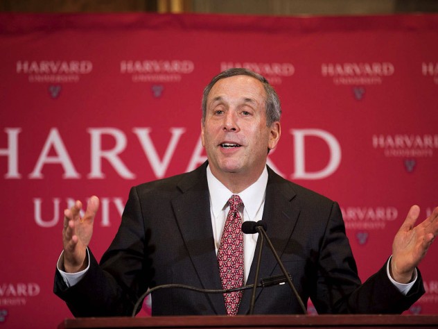 News photo of President-designate Bacow, with Harvard necktie, at his announcement news conference, February 11, 2018