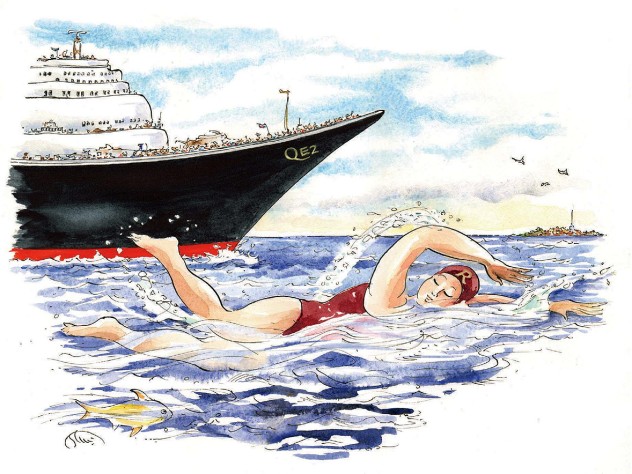 Illustration of Sharon Beckman ’80 swimming the English Channel