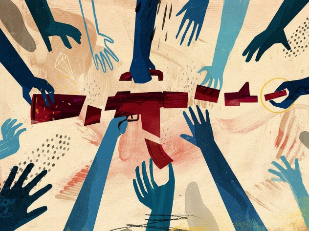 illustration showing multiple hands dismantling a rifle