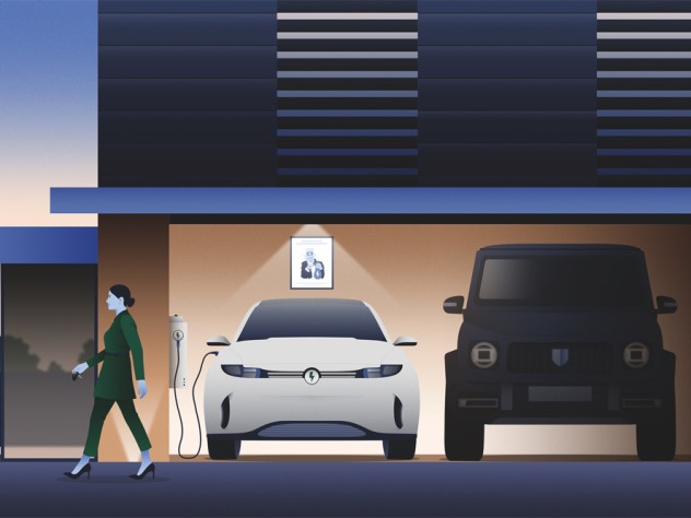Illustration of a two-car garage, with an electric vehicle on the left and an SUV on the right