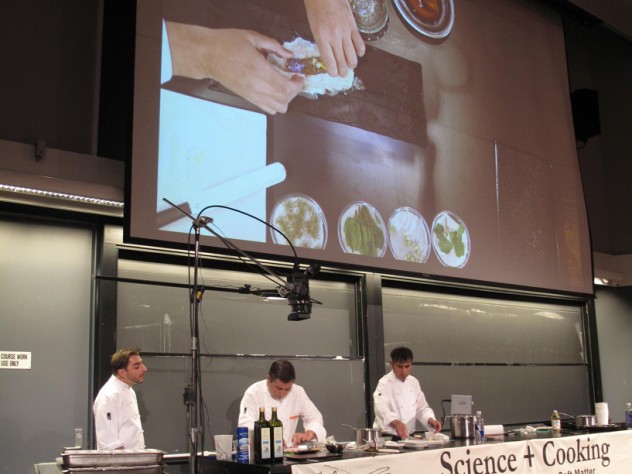 Chef Joan Roca demonstrates the sous vide technique on a piece of Dover sole.