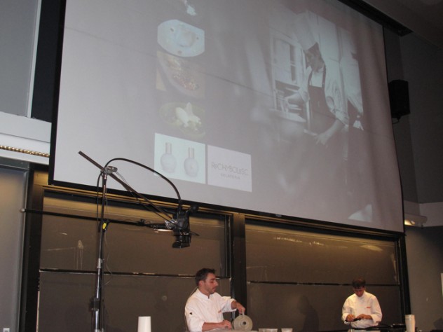 Chef Jordi Roca pours liquid nitrogen into a metal bowl as he makes his chocolate sorbet.