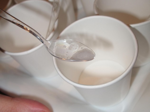 Chef Jordi Roca's chocolate sorbet—white in color after he distilled cocoa beans—was sampled by the audience.