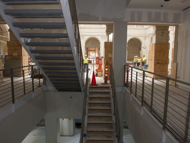 Photograph by Jim Harrison A central staircase, situated in a direct line between the original Quincy Street and new Prescott Street entrances, is flanked by elevators (three for passengers and one for art). Large pieces of modern and contemporary art will likely hang in the double-height spaces of the stairwells.