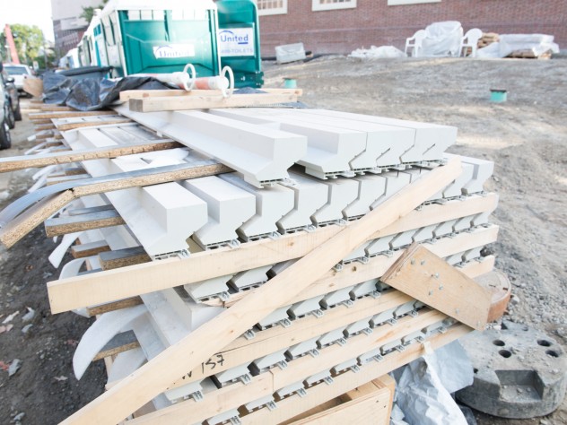Photograph by Jim Harrison A stack of the Alaskan yellow cedar, custom milled in Newburyport, Massachusetts, and stained light gray, awaits installation.